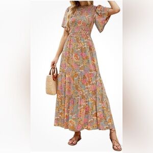 Zesica Women's Maxi Dress Smocked Tiered Flutter
Sleeve Floral Retro Size M.